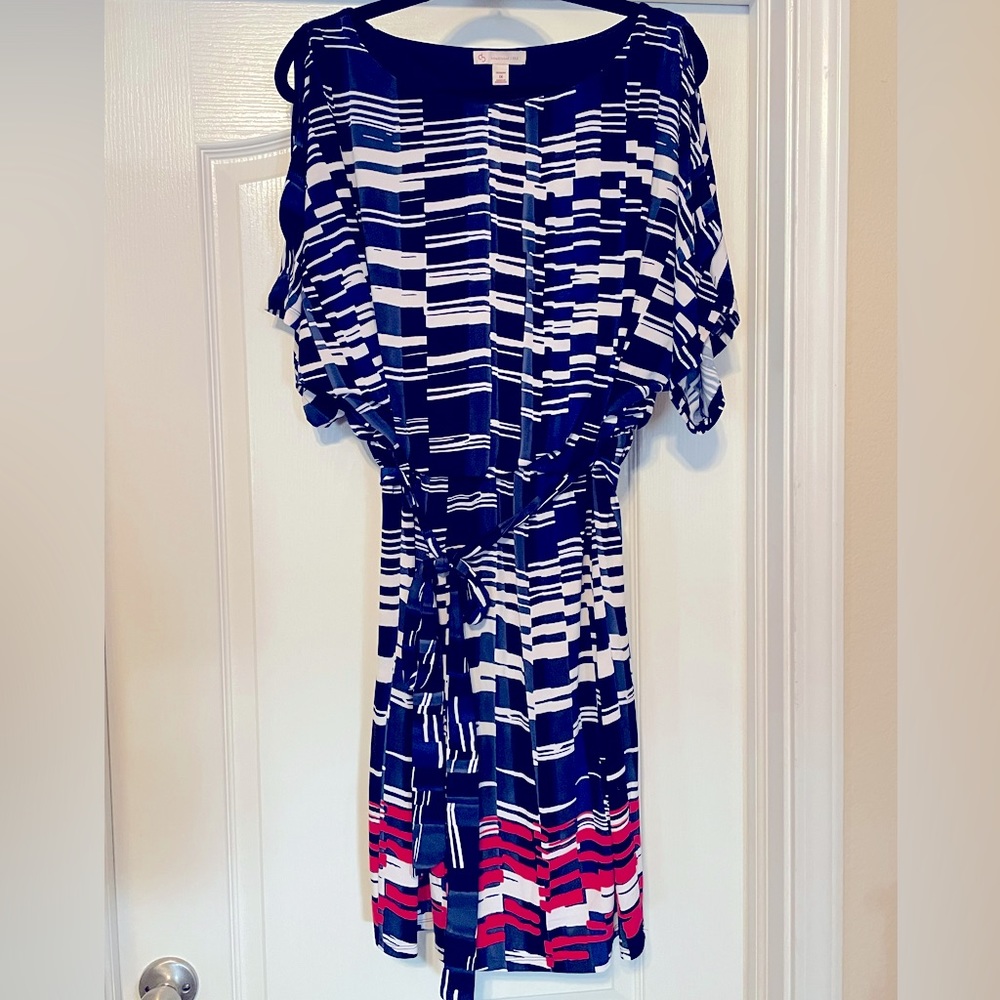 Beautiful Cold Shoulder Dress Barn Striped Pattern Dress with Belted Waist.